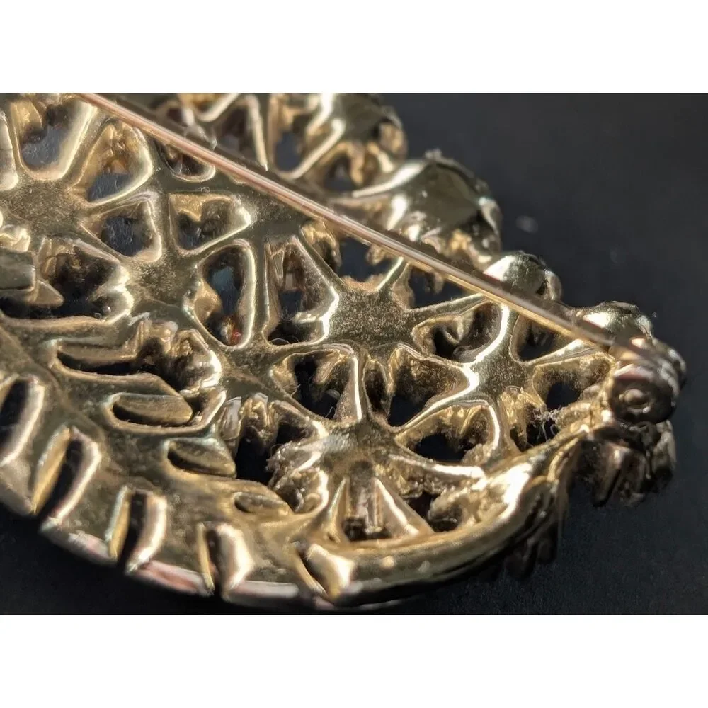Vintage AB Rhinestone Leaf Brooch Gold Tone Signed C Missing Stones